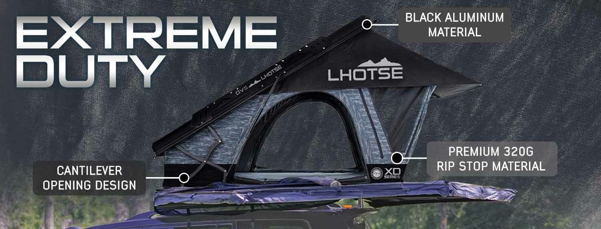 XD Lhotse Clam Shell Aluminum Hard Shell Roof Top Tent, Blue Body & Black Rainfly