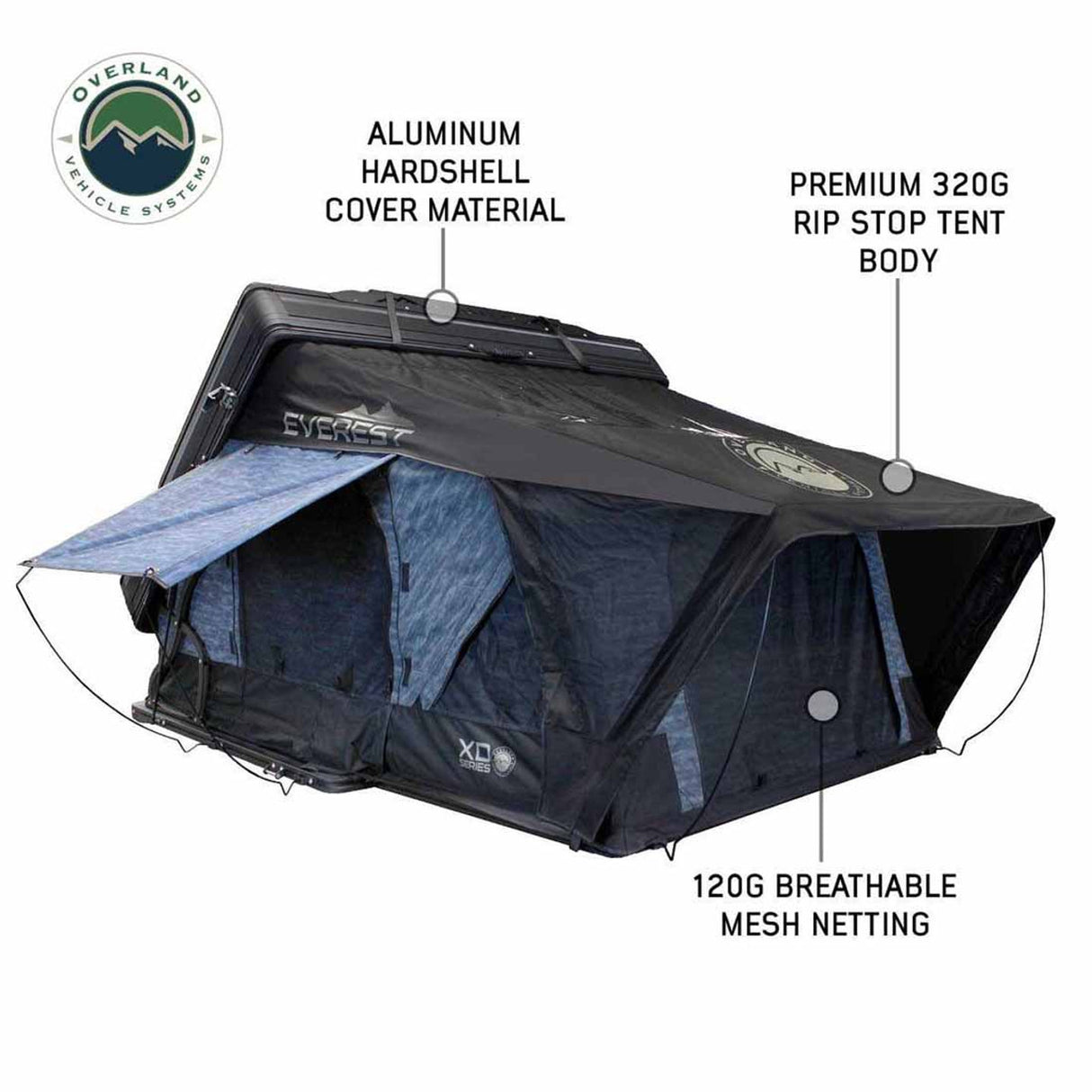 XD Everest Cantilever Aluminum Roof Top Tent, Blue Body & Black Rainfly
